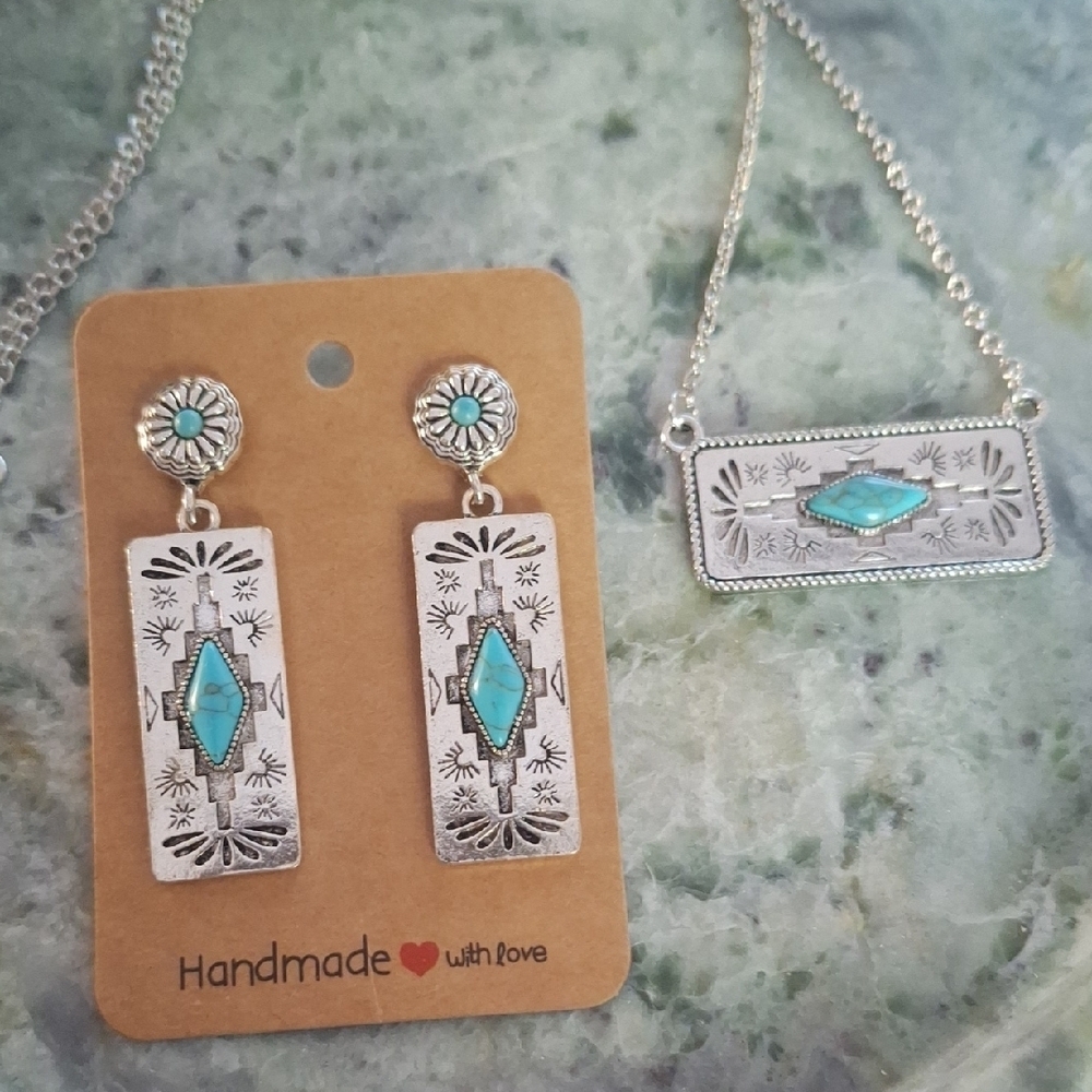 Silver and Turquoise Necklace and Earring Set